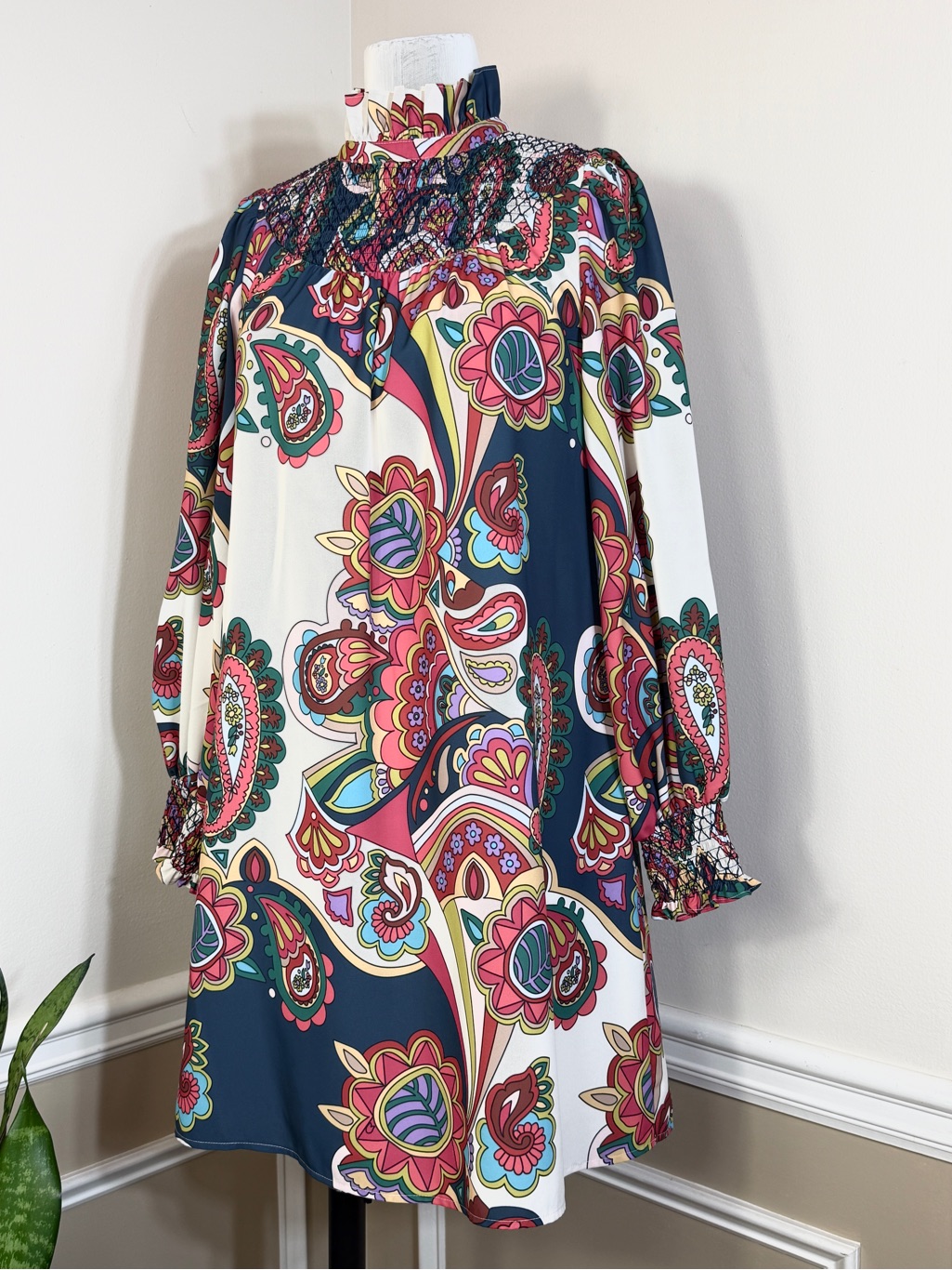 Crosby Mollie Burch Dress Mid Floral Smocked High Neck Long Sleeve Medium Large